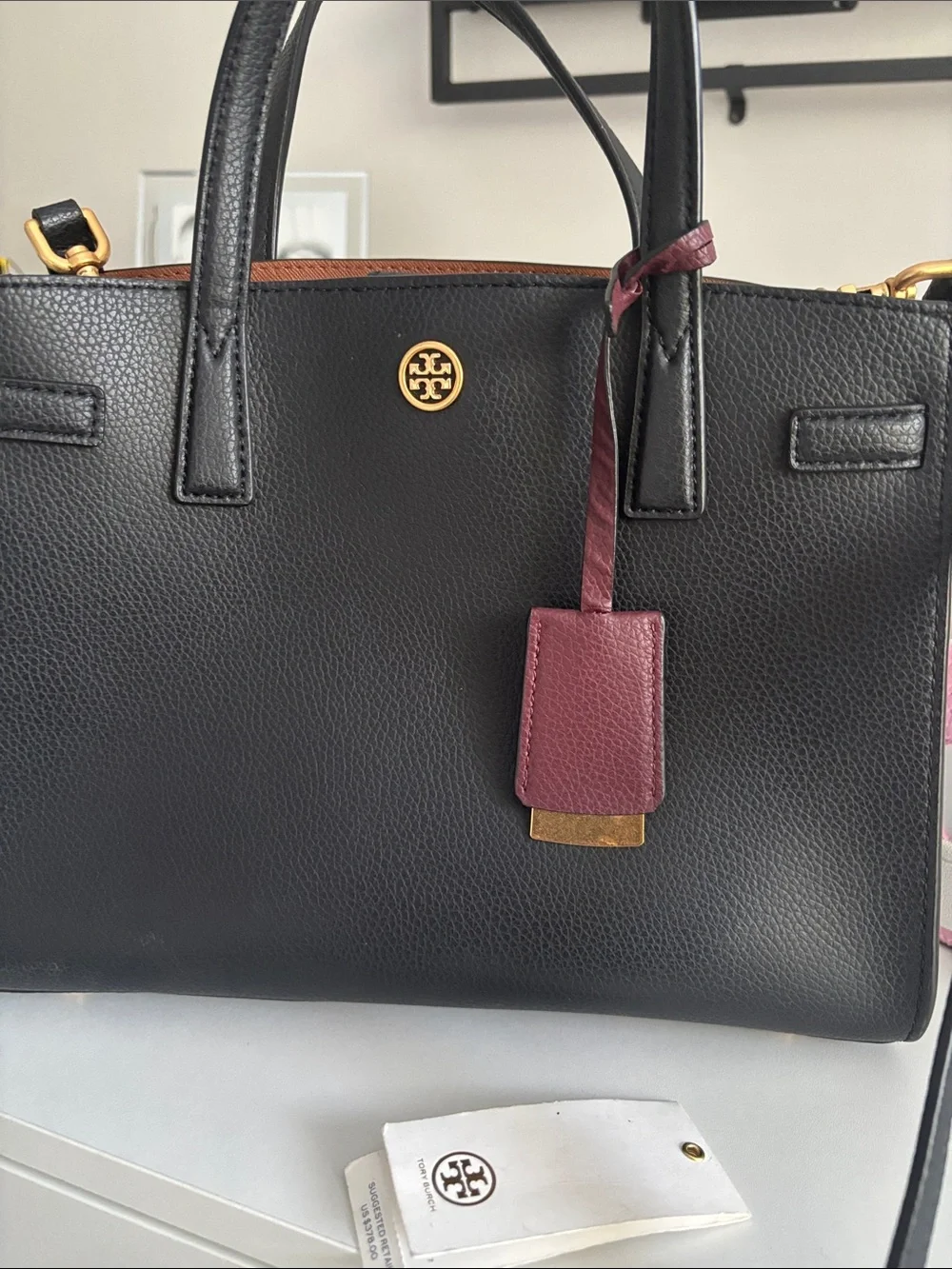 Tory Burch Black Satchel with Burgundy Tag and Gold Hardware